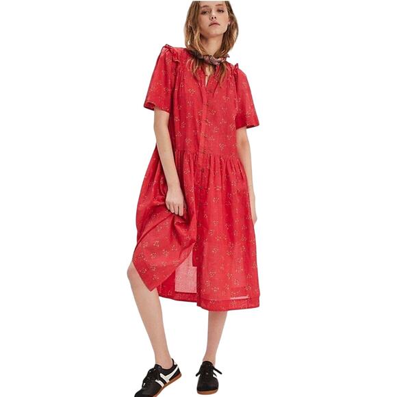 NWT FREE PEOPLE Women’s Bella Mae Boho Red Floral Midi Shirt Dress